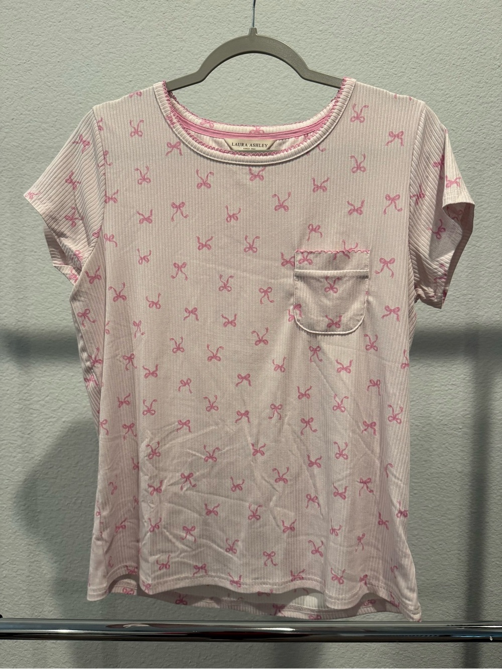 Laura Ashley Light Pink Ribbed Tee with Bow Print